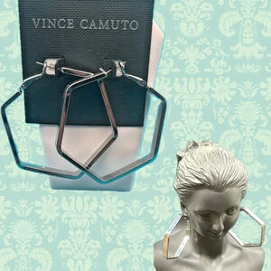 Vince Camuto Silver-Tone Large Hexagon Shaped Hoop Snap Hinge Closure Earrings